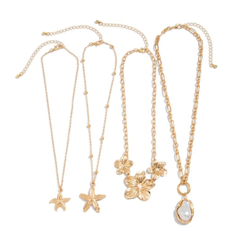 Coastal Necklace Set With Starfish Shell Pendant Stackable Gold Chain Pearls Jewelry Stylish Neck Chain For Women