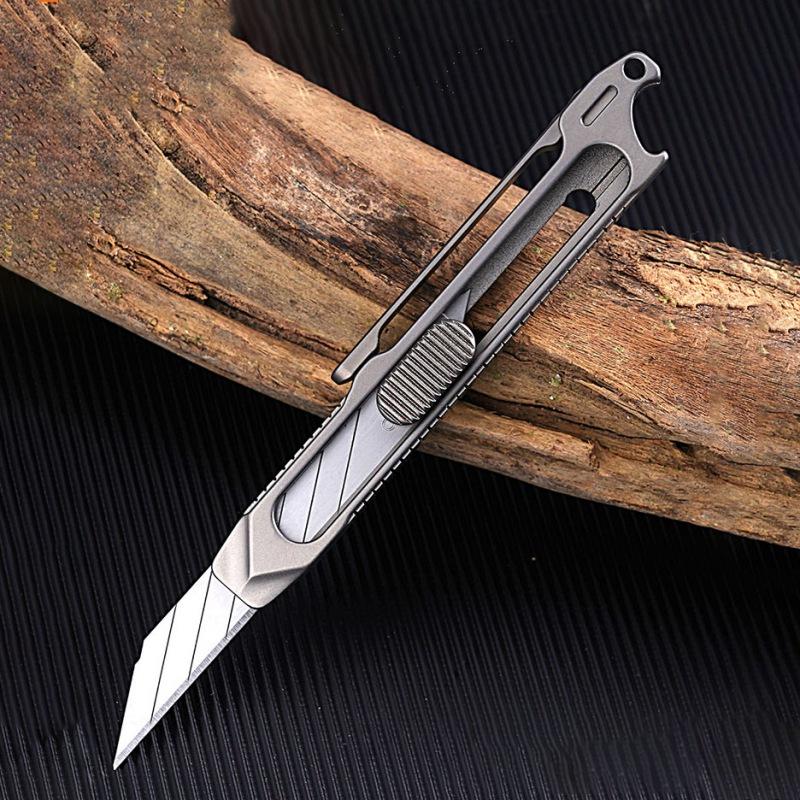 Titanium Alloy Sliding Blade Knife Multitool Bottle Opener Utility knife with 10PCS Replace Blades Keychain Waist Clip Tool