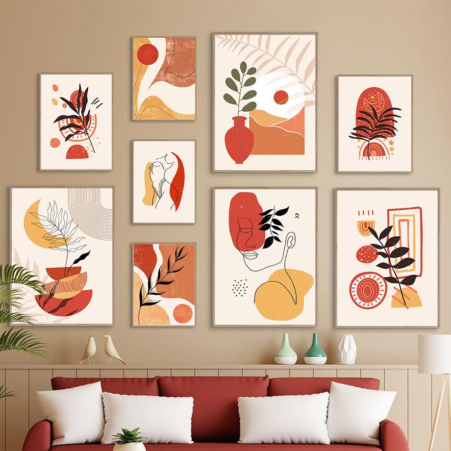 Wall Art Canvas Painting Red Yellow Line Girl Willow Branch Minimalist Living Room Decoration Posters And Prints Wall Pictures