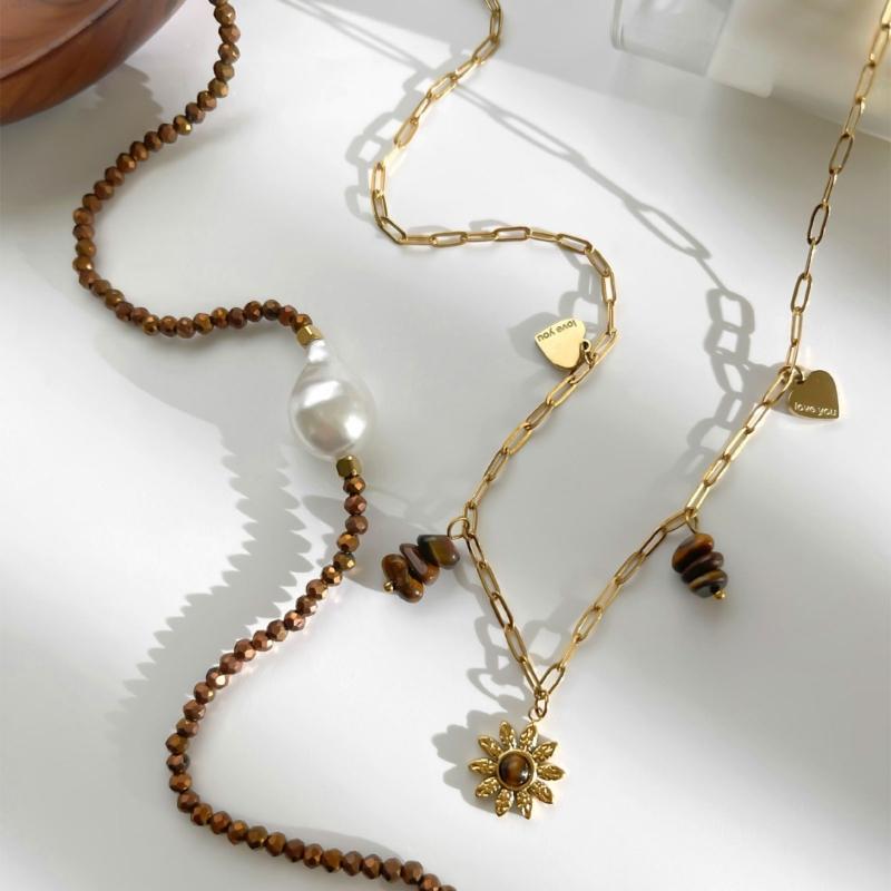 Pack of 2 Chic Stackable Flower Necklaces with Stainless Steel Chain and Simulated Pearls for Fashionable Look