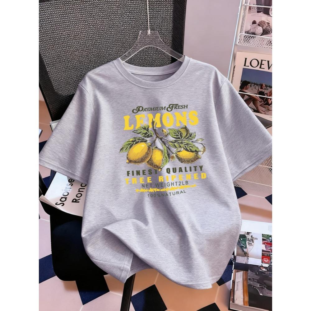 Premium Fresh Lemons Fruit Print Short Sleeve Women Cotton Y2K Crewneck T-Shirt Soft Top Summer Oversized T Shirt