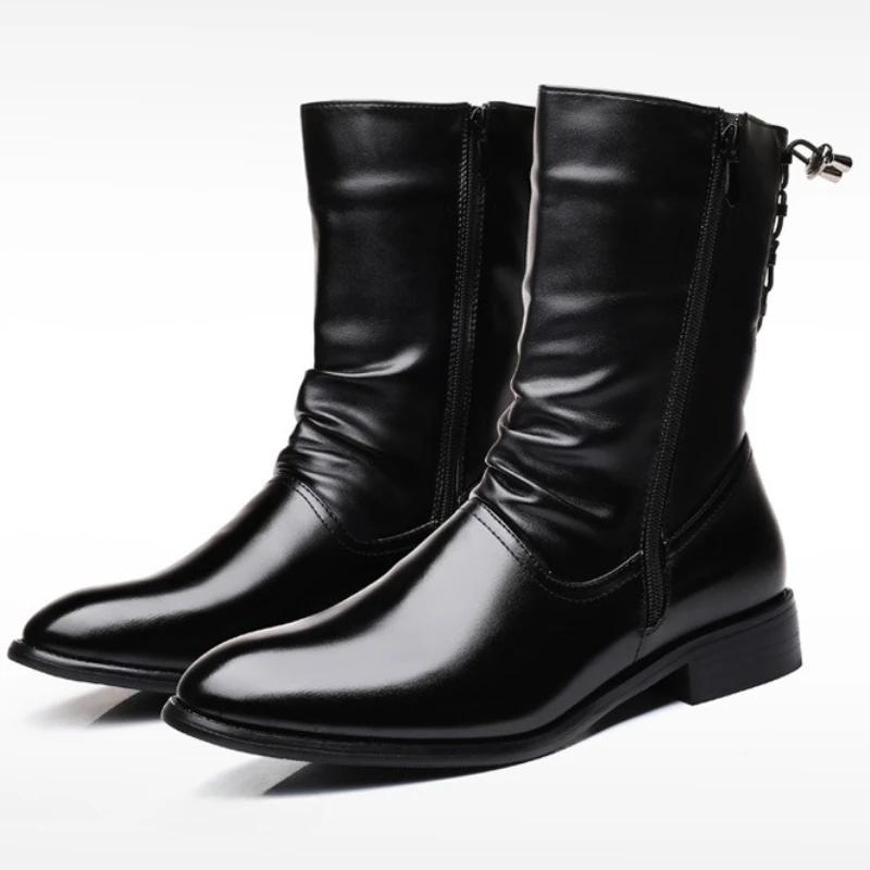 Męskie Skórzane Buty Wysokiej Jakości Czarne Buty Motocyklowe Projektanckie Punk Rock Średniej Długości Cholewka Buty Modne Buty Wysokie Botas Masculino