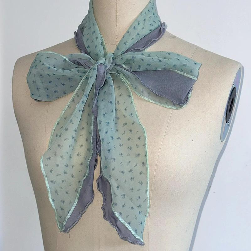 Korean Style Versatile Plaid Long Scarf for Women, Summer Fashion Neck Tie with Ribbon