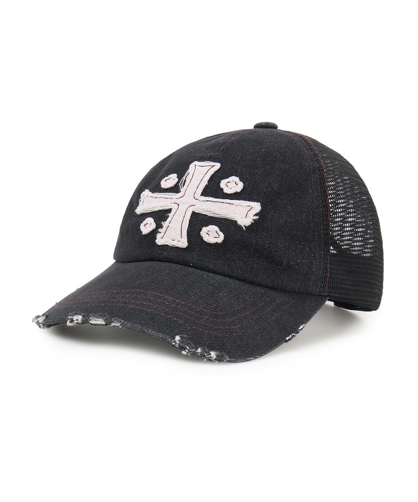 FREEMARIO Cross Damaged Denim Trucker Cap [Black]