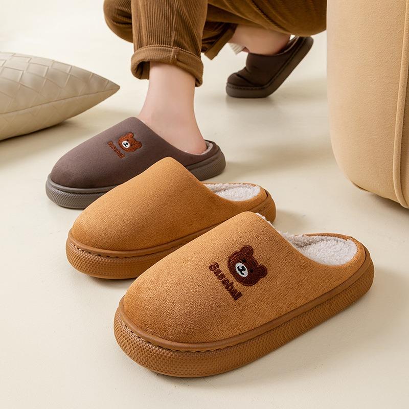 Autumn and Winter Cotton Slippers Women's Indoor Home Silent Non-slip Velvet Warm Slippers Couple Cartoon Bear Cotton Drag Men