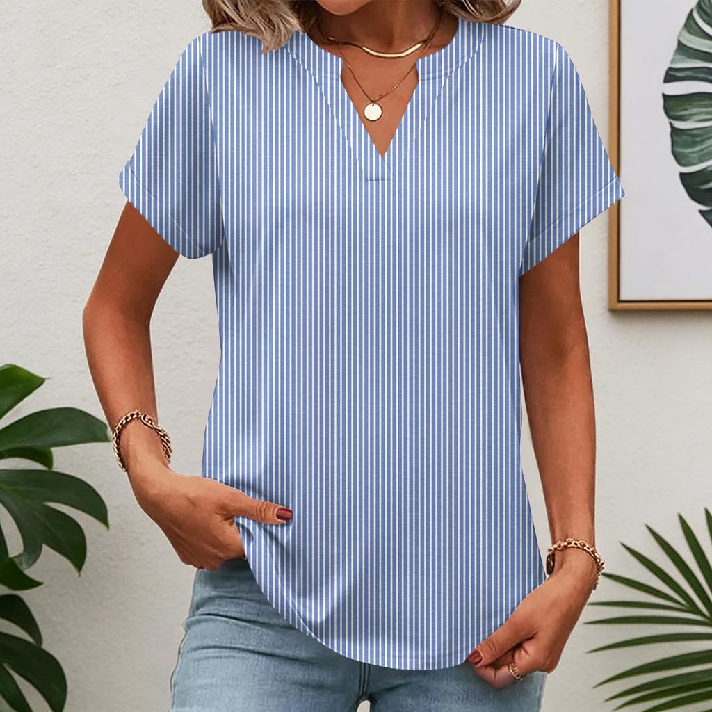 Women short sleeve striped patchwork V neck casual loose fit tunic top soft knit pullover tee shirt blouse
