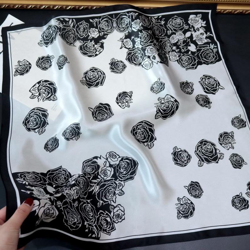 Black and white camellia silk scarf versatile temperament printed scarf 70 silk square scarf mulberry silk scarf women 68*68cm