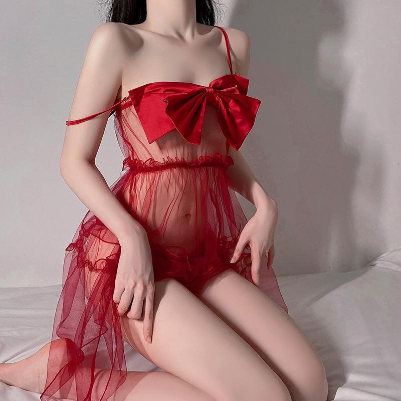 Sexy Female Sexy Lace Bow Passion Suit Perspective Mesh Uniform Hot Temptation