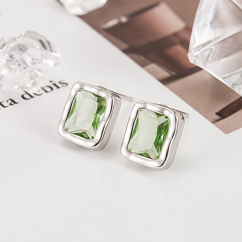 Elegant Green Zircon Square Stud Earrings for Women - High-End Hong Kong Style, Unique and Sophisticated Design.