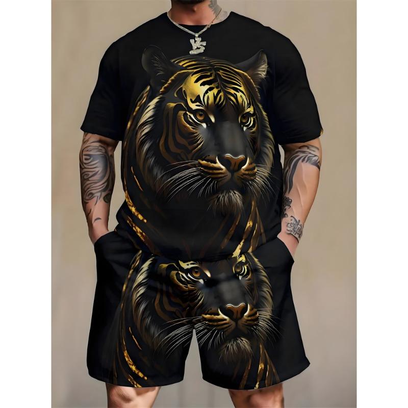 Modisches Löwen Tiger Tier Grafik T-Shirt Shorts Set Sommer Kurzarm Oberteil Kordelzug Shorts 2-teiliges Set Herren Sportbekleidung Anzug