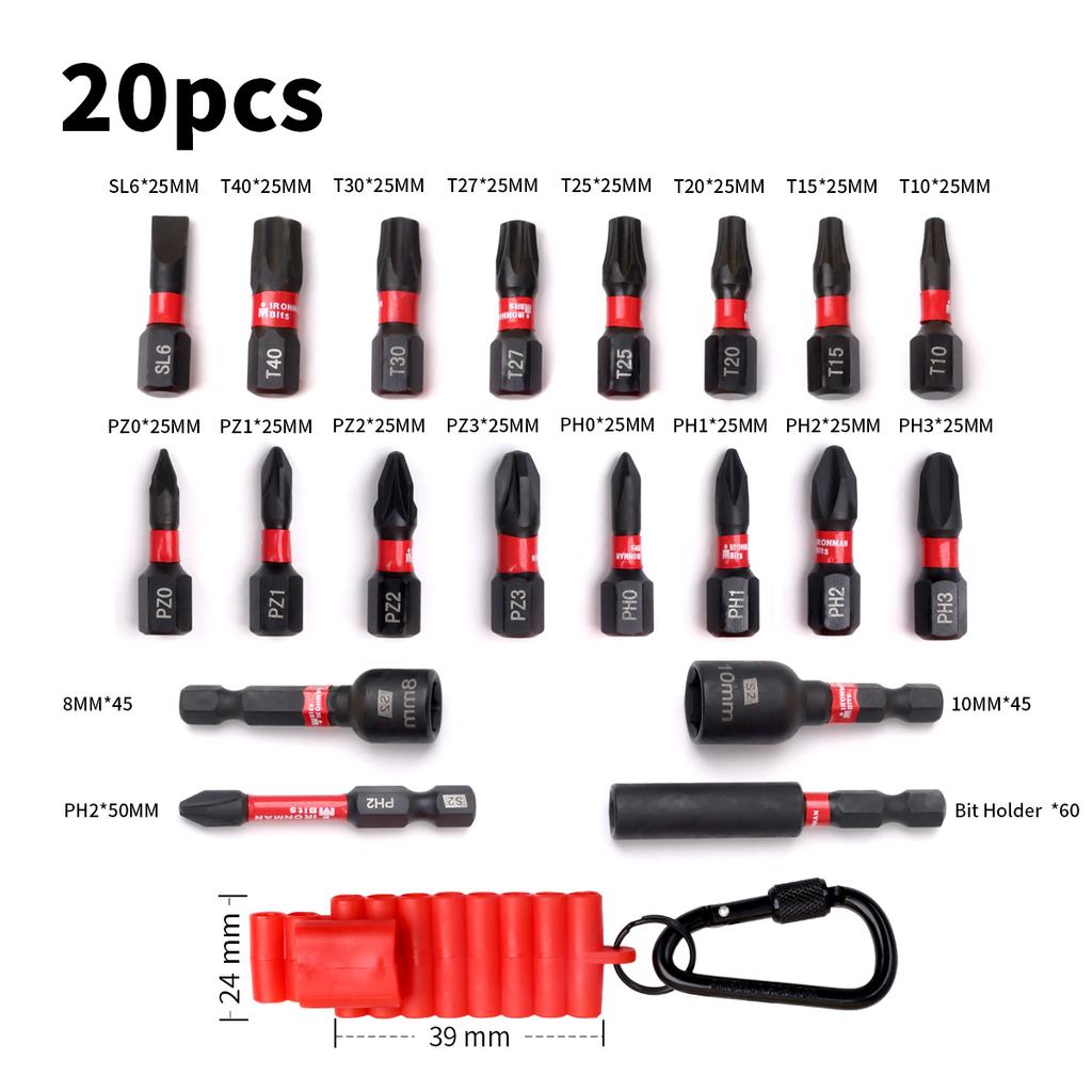 20pcs Electric Screwdriver Head Set Phillips Pozi Slotted Plum Blossom Screwdriver Bit Set S2 Steel Impact-resistant Storage Set