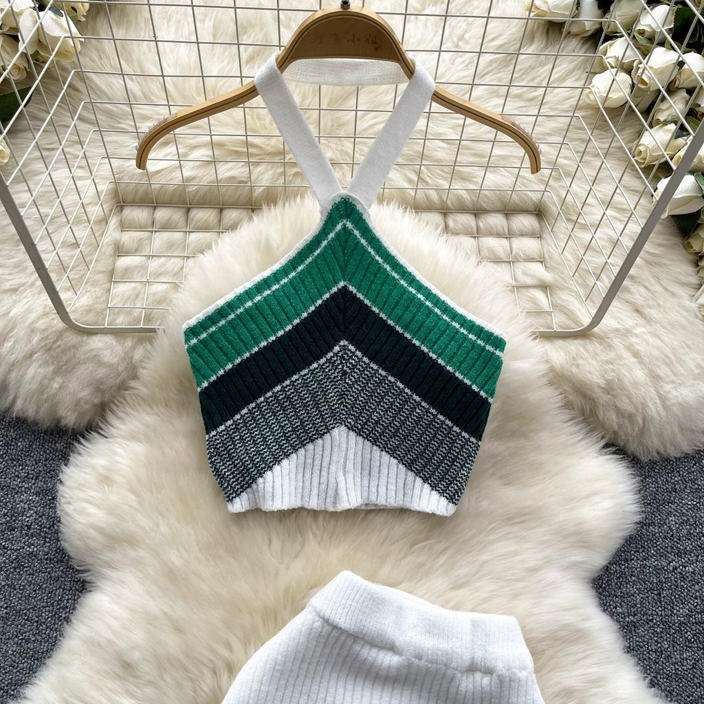 Summer Women Sexy Knitted Striped Sweater Halter Tops Vest and Mini Short Bodycon Sheath Skirt Two Piece Set