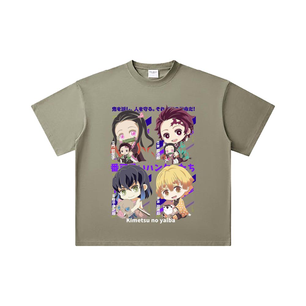 Camiseta Unissex de Algodão Pesado 260 GSM Fio Duplo 32 Contagem 100% Algodão Demon Slayer V80 Hashiras Estampa Chibi