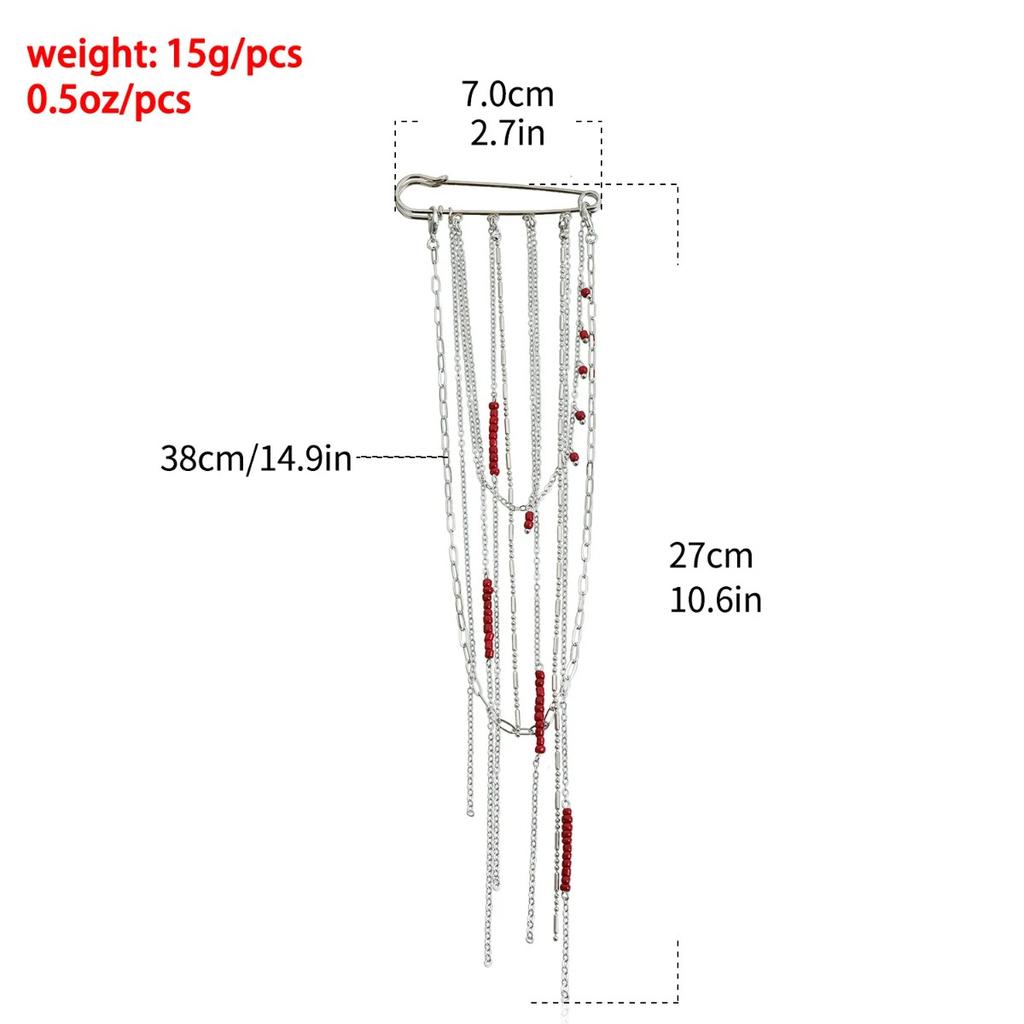 Exaggerated Red Beaded Tassel Brooch Necklace for Women Punk Silver Color Multi Layer Tassel Long Necklaces Jewelry Accessories