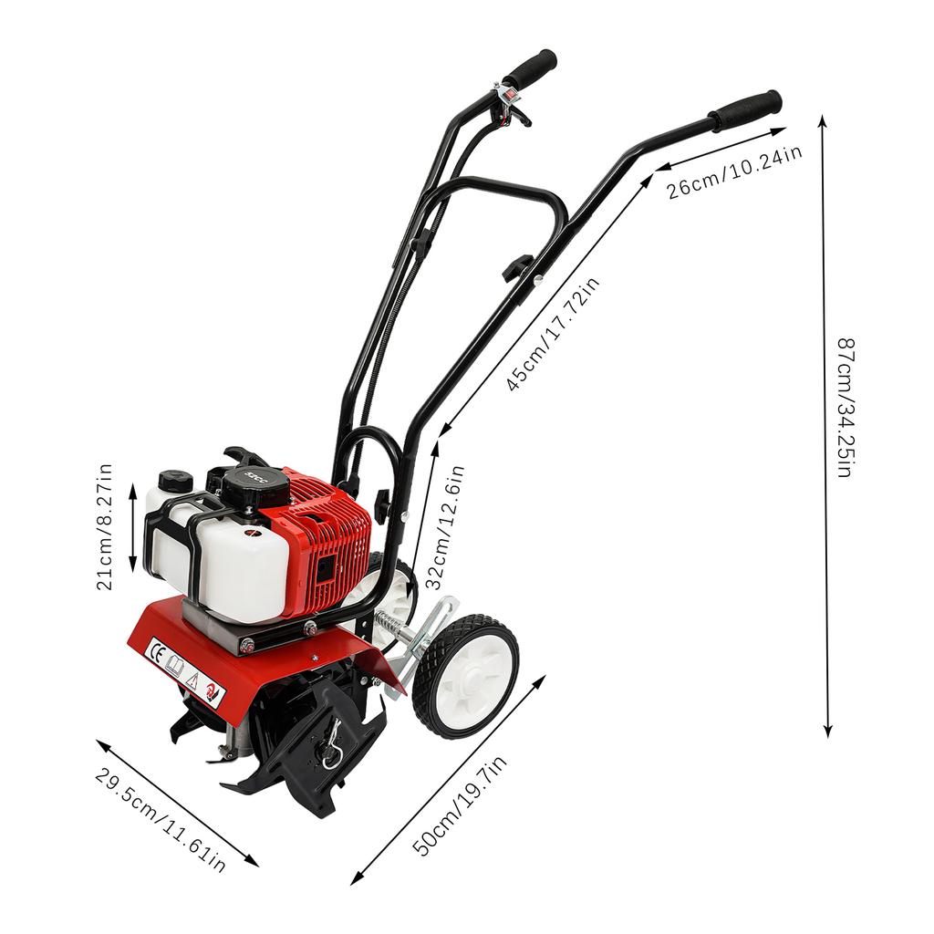 52CC Gas Powered Garden Tiller 2-Stroke Air-Cooled Hand Rotary Cultivator Rototiller for Trenching, Turning Soil, Loosening