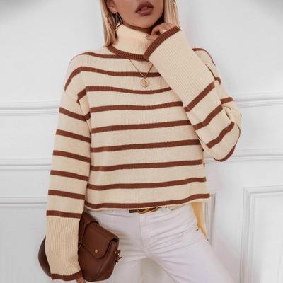 Women's Striped High Neck Casual Thick Thermal Sweater Temperament Commuting Autumn New Female Fashion Loose Knitted Pullovers