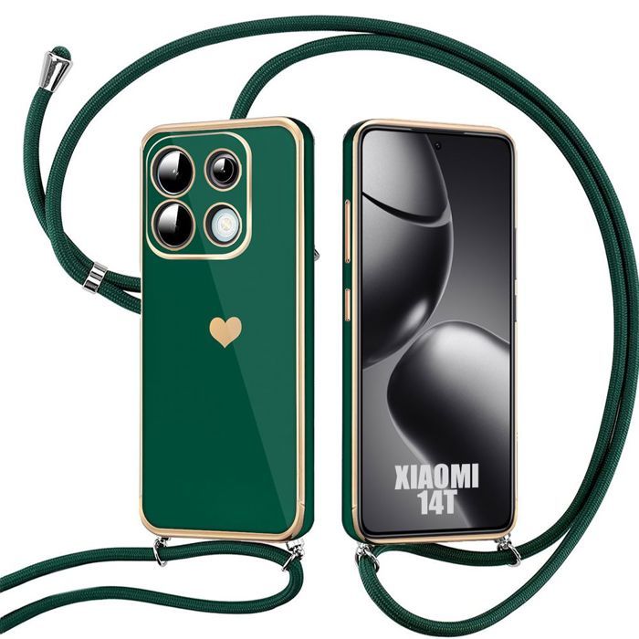 Coque pour Xiaomi 14T, Protection Antichoc Motif Cœur Effet Luxe avec Cordon Vert Nuit