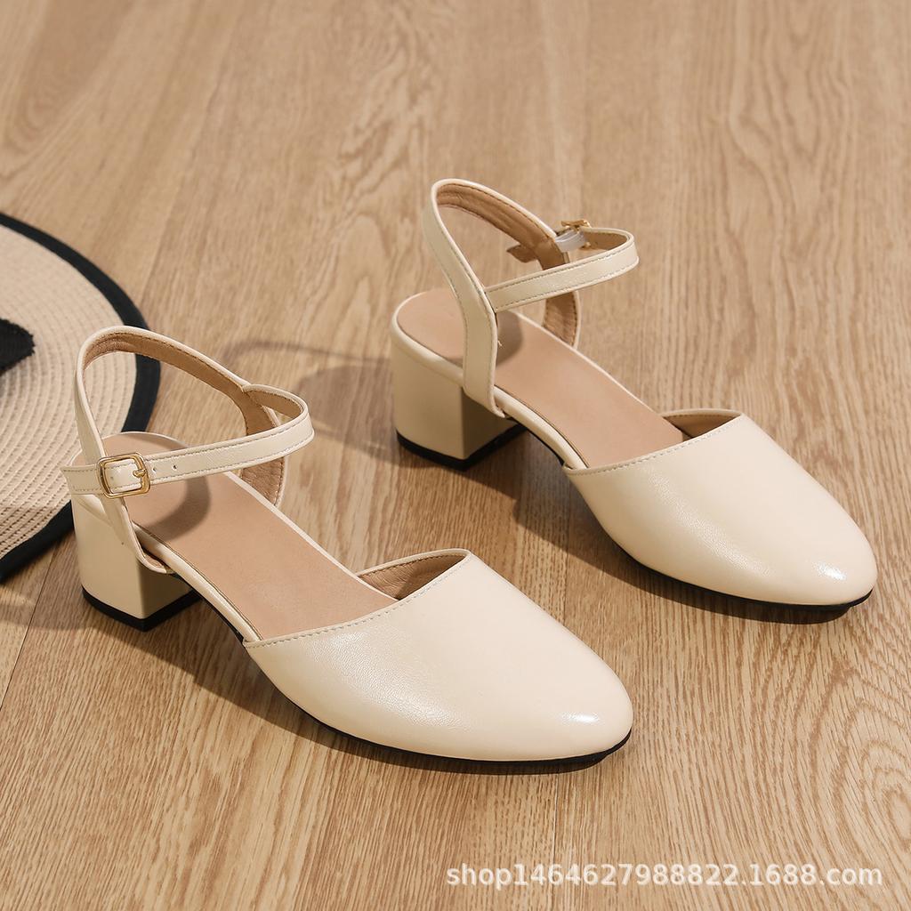 Damen Hollow Dicke Ferse Einzelne Schuhe Frühling und Herbst Neu Wildleder Kleben Rücken Lift mit Vielseitig Bequem Baotou Tragen High Heels