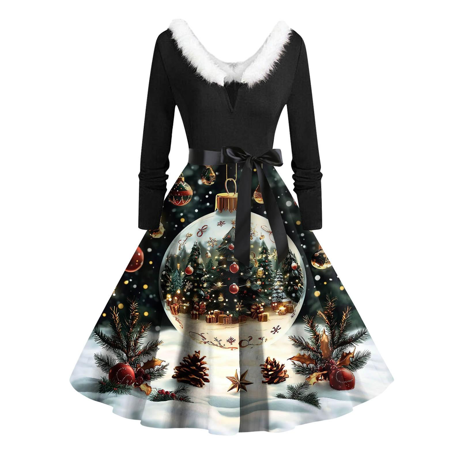 

Жіночі повсякденні модні вінтажні довгі сукні з різдвяними графічними принтами з довгими рукавами S білий