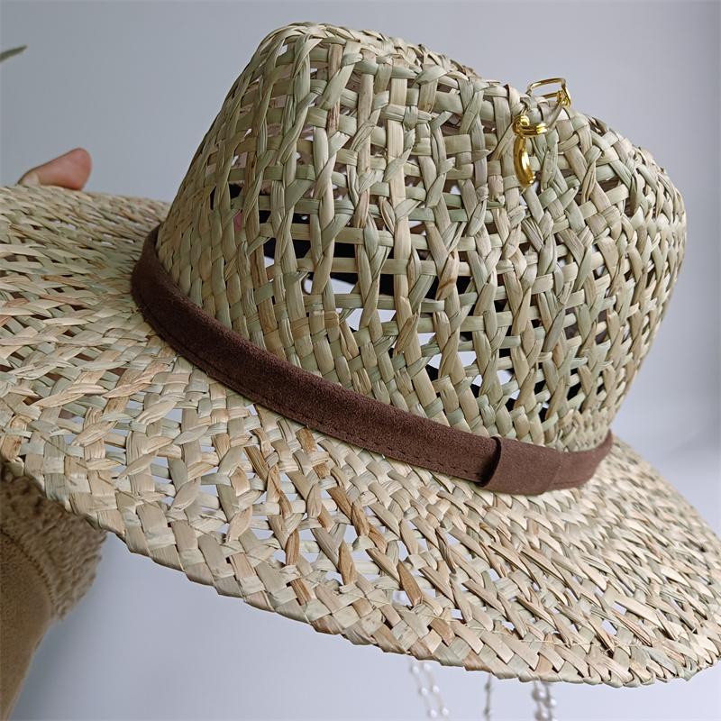 S European And American Style Pin Design Straw Hat Female Hollow Letter Sun Hat Fashion Metal Chain Sunshade Hat
