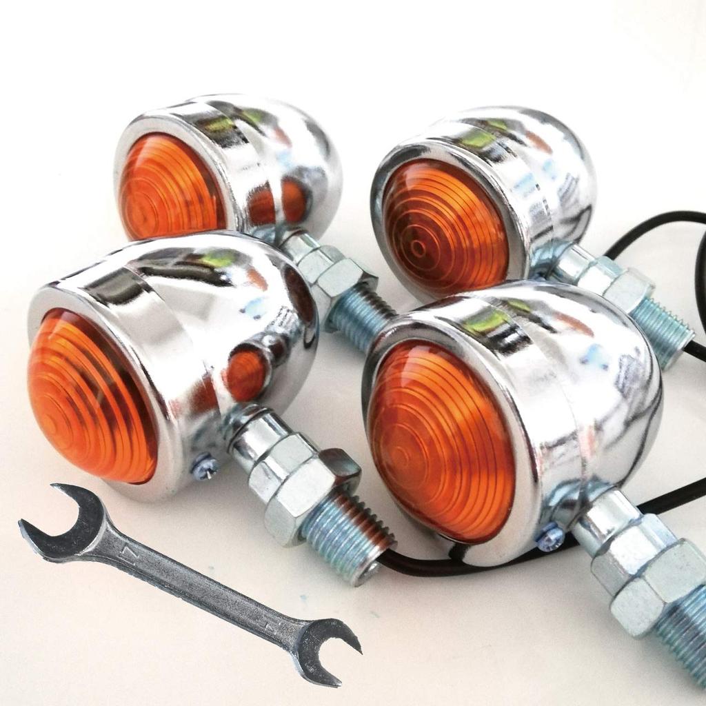 Hiro World Trade Motorcycle Bullet Turn Signals (4 Pieces) with Universal Wrench, 12V, American Style, for Harley Davidson, Silver and Orange