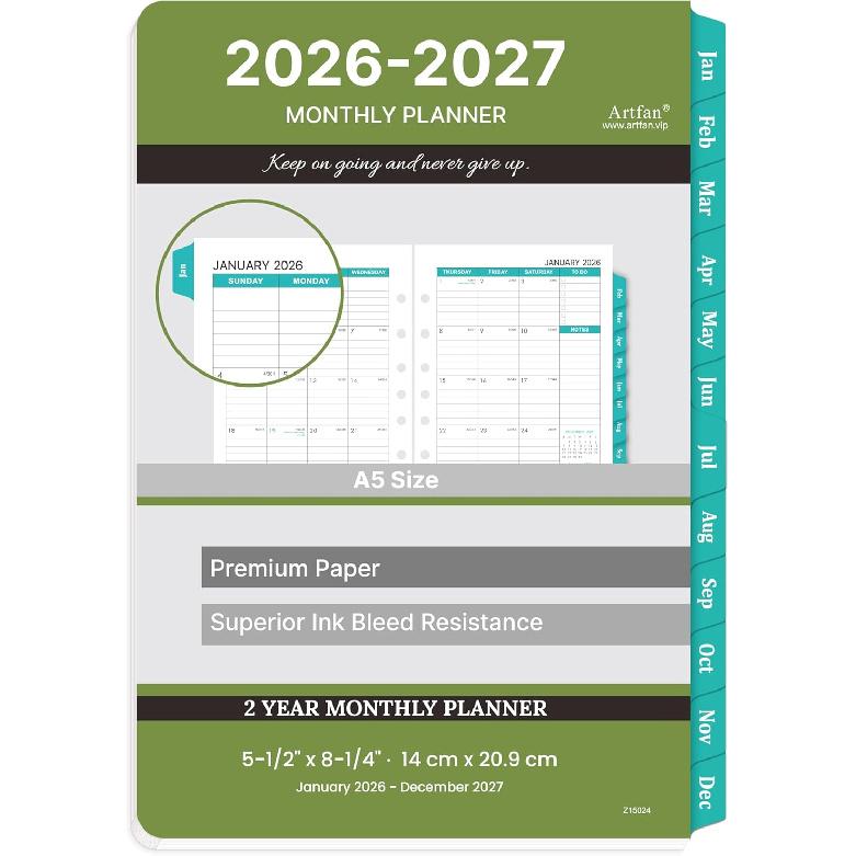 2026-2027 Monthly Planner Refill - Planner erts with 7-Hole Punched, 5-1/2  x 8-1/2 , Jan 2026 to Dec 2027, Two Pages Per Month, 2026-2027 Calendar 2026-2027 Monthly Planner