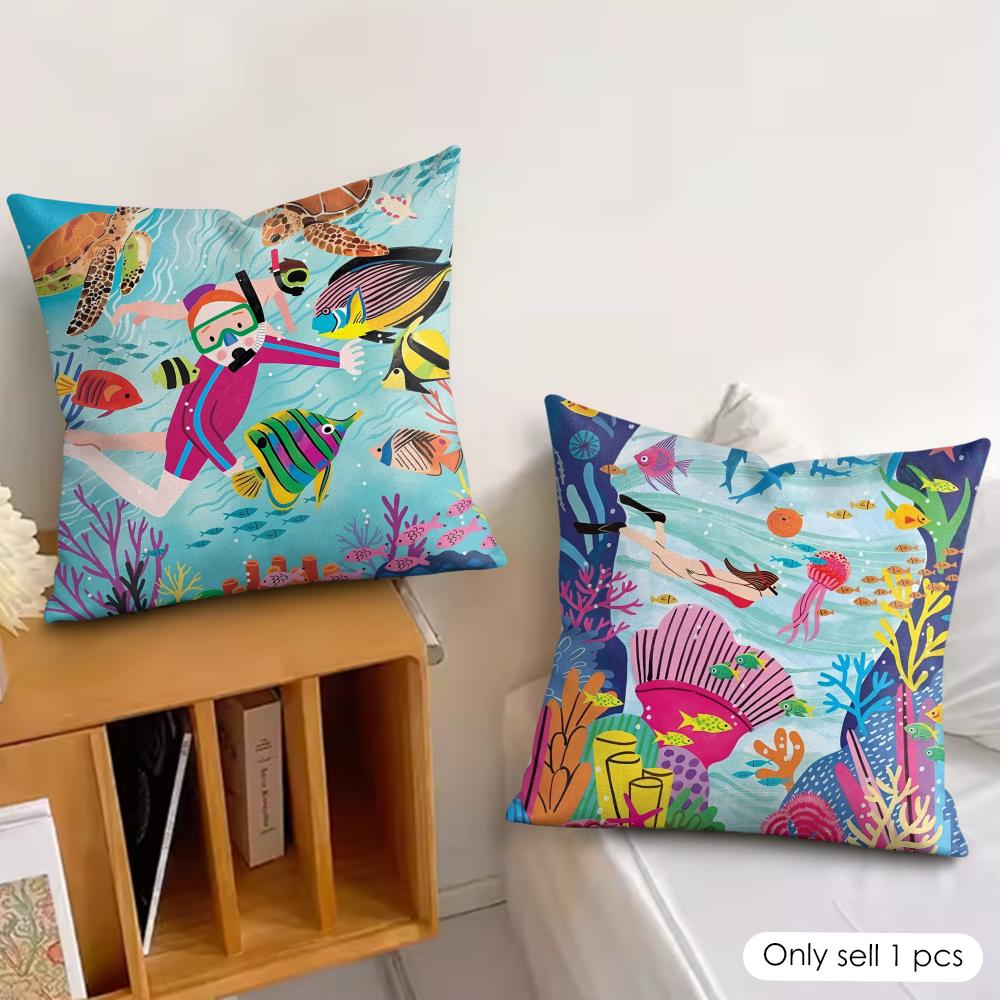 Marine Animals Summer Ins Cushion Cover Silky Short Plush Invisible Zipper Dustproof Sofa Pillow Case For Home Decor