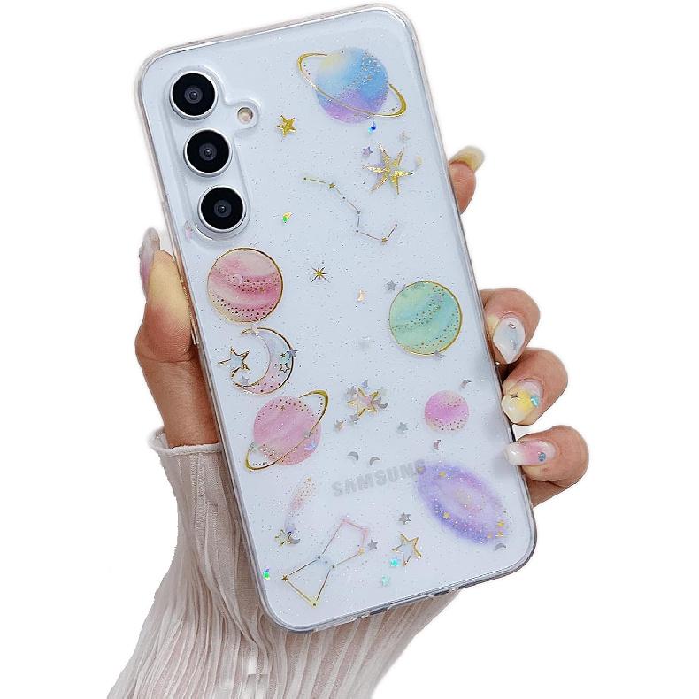 Compatible for Samsung Galaxy A15 4G / 5G Case, Cute Clear Cases with Design Stars and Moon Bling Glitter Planet Aesthetic Silicone Shockproof Cover
