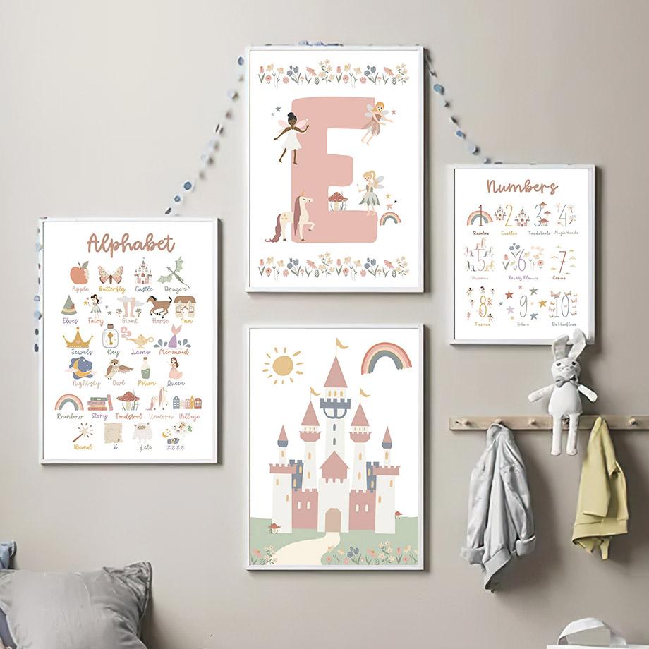 Cute Girl Unicorn Castle Sun Rainbow Flowers Wall Art Canvas Painting Nursery Posters And Prints Pictures Baby Kids Room Decor