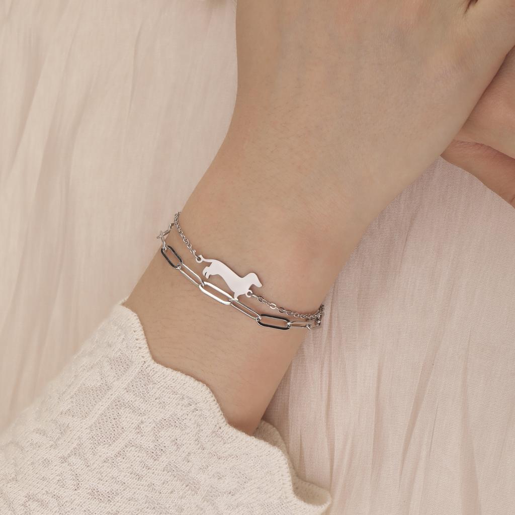Adjustable Titanium Steel Bracelet With Dachshund Pendant Minimalist Double Opening Design Trendy Personalized Jewelry