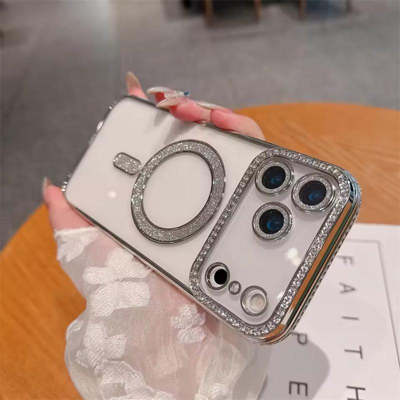 

Роскошный чехол для телефона с гальваническим покрытием, блестящими бриллиантами и прозрачной задней крышкой для iPhone 17 Air 17 Pro Max, с поддержкой магнитной беспроводной зарядки и защитой от падений iPhone 17 Pro Max серебряный