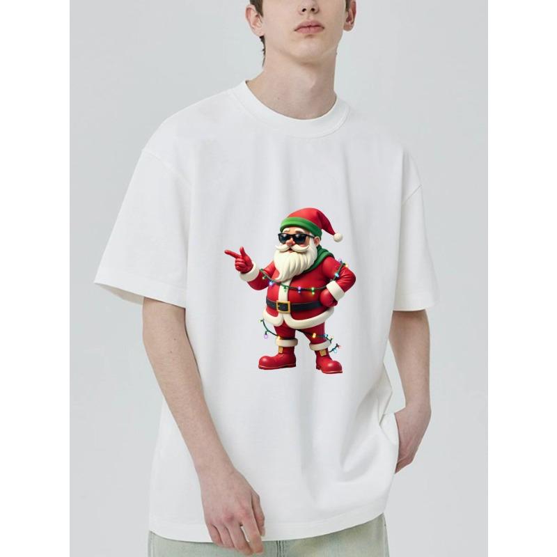 Crew Neck T Shirt Black Santa Claus with Sunglasses and Christmas Lights Print Casual Wear for Holiday Season