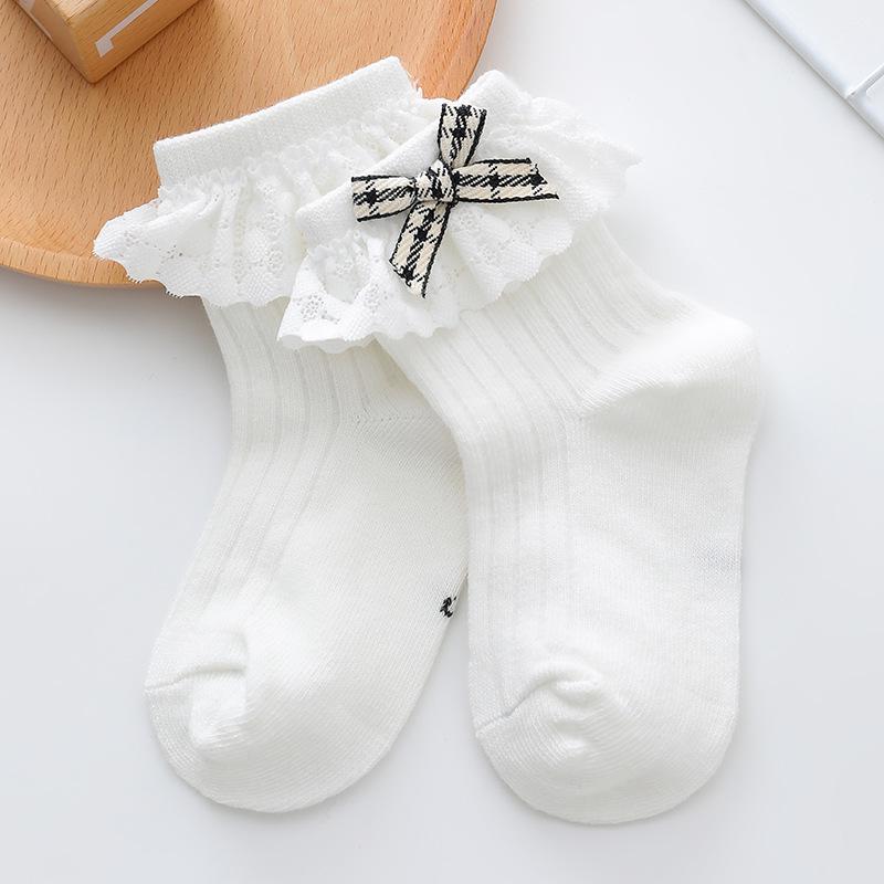 

Носки средней длины с бантом и корейским кружевом для девочек - белые S (Foot Length 11-13cm, Age 1-3)