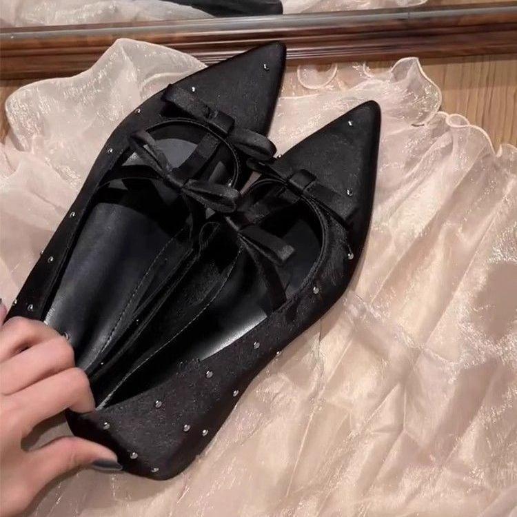 Pointed Soft Leather Bow Ballet Shoes Mary Jane Shoes 2025 Spring and Autumn New French Small Height Increase Single Shoes Women