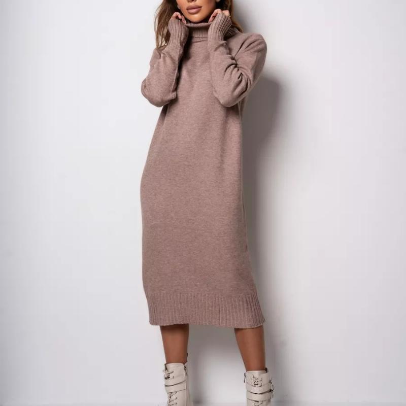 GMXIA Women's High Neck Knit Dress Autumn and Winter New Loose Inside-out Solid Color Thin Sweater Dress