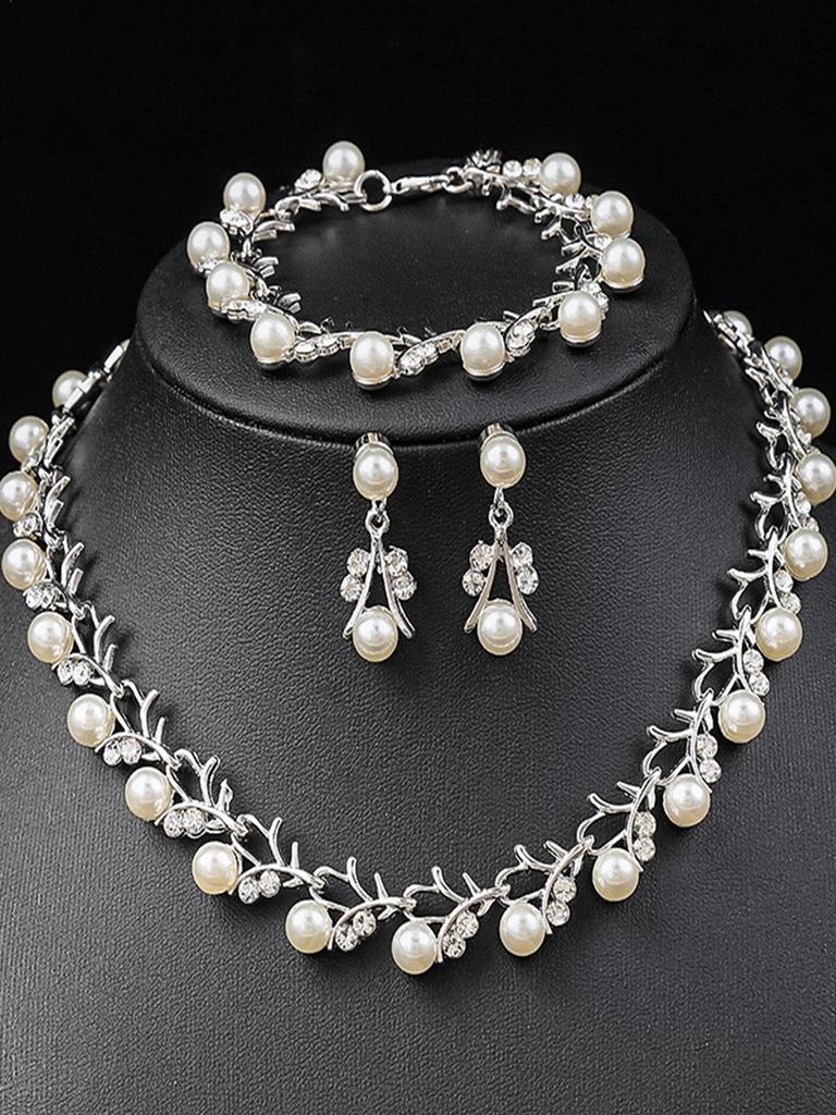 4pcs Women's Zircon Set with Pearl Rhinestone Necklace, Earrings, Bracelets, Bride's Wedding Accessories