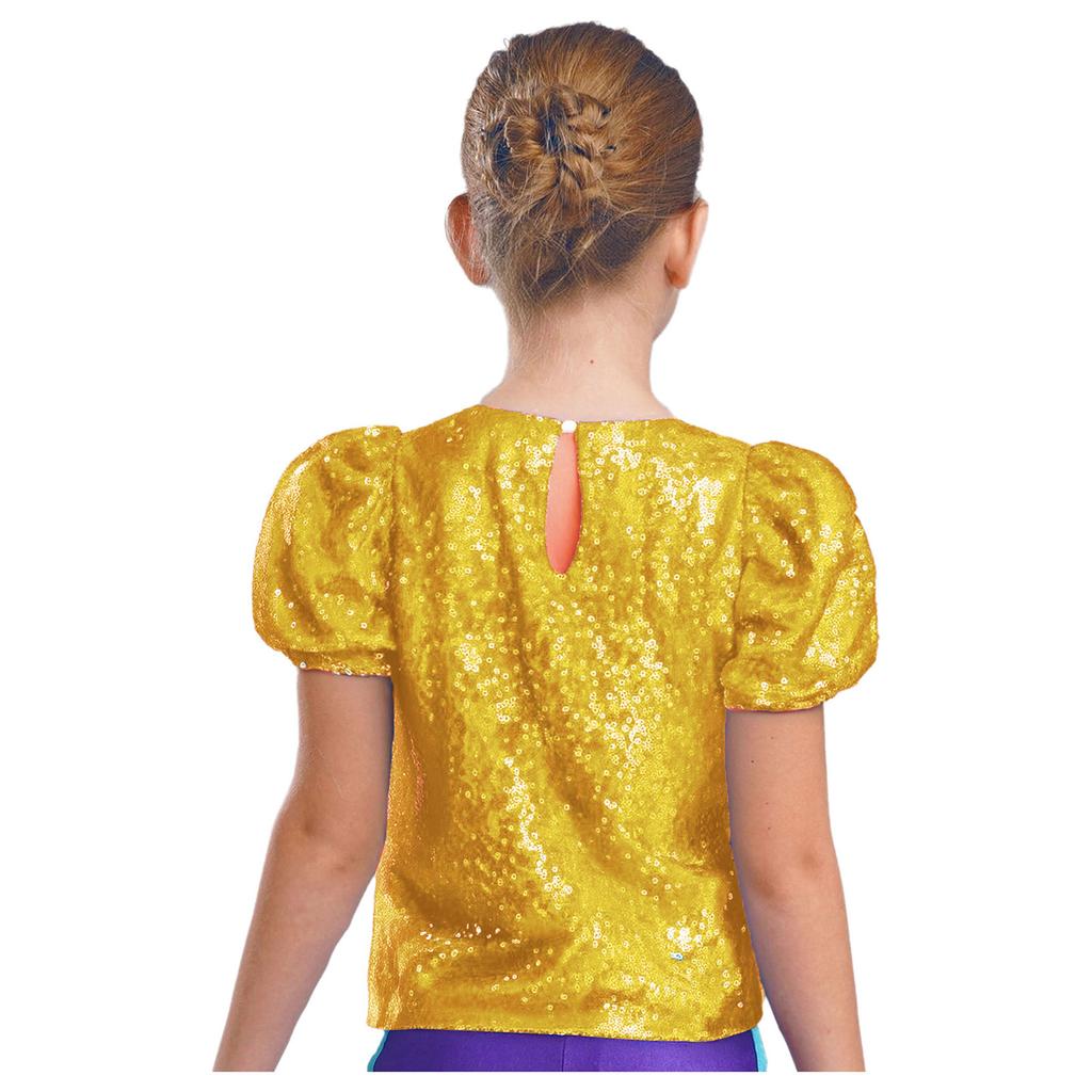 Dívčí krátký top s nadýchanými rukávy a lesklými flitry pro jazzový tanec a cheerleading