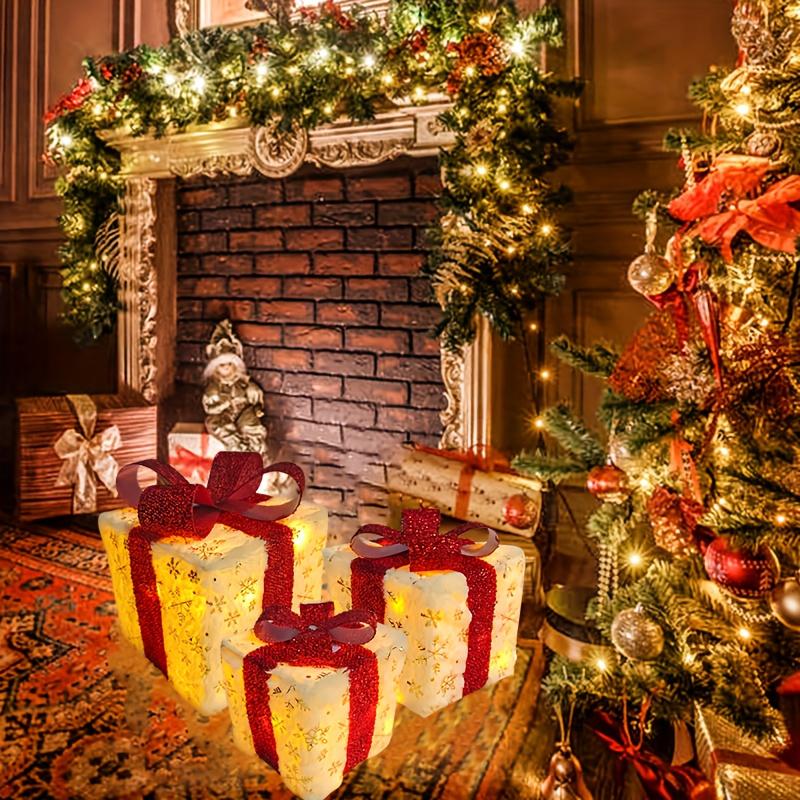 Ensemble de 3 Boîtes de Noël Lumineuses, Ornements Lumineux LED avec Nœuds Boîtes de Noël pour Sapins de Noël Décorations de Fête