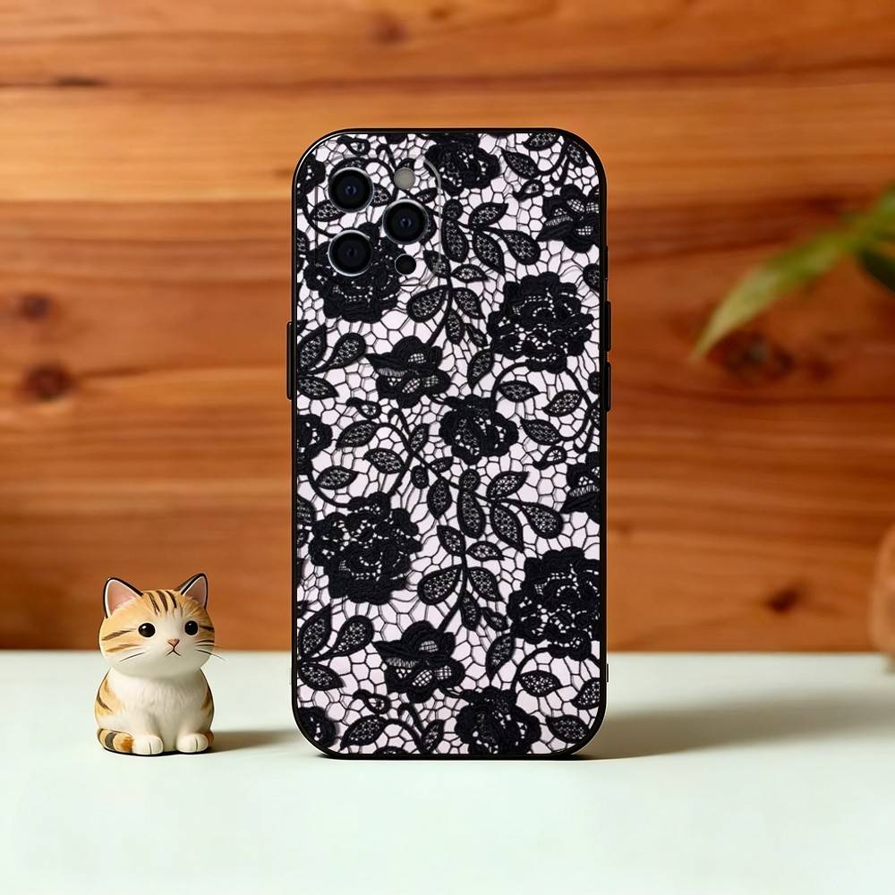 B-Black lace print Phone Case For iPhone 17,16,15,14,13,12,11 Plus,Pro Max,XS,Soft Silicone Black Cover