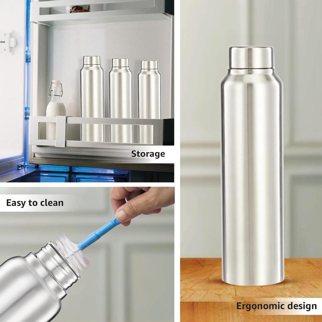 Bouteille d'eau en acier inoxydable (Un paquet de 2) | Approuvé BIS | 900ml (Finition Acier Argenté)