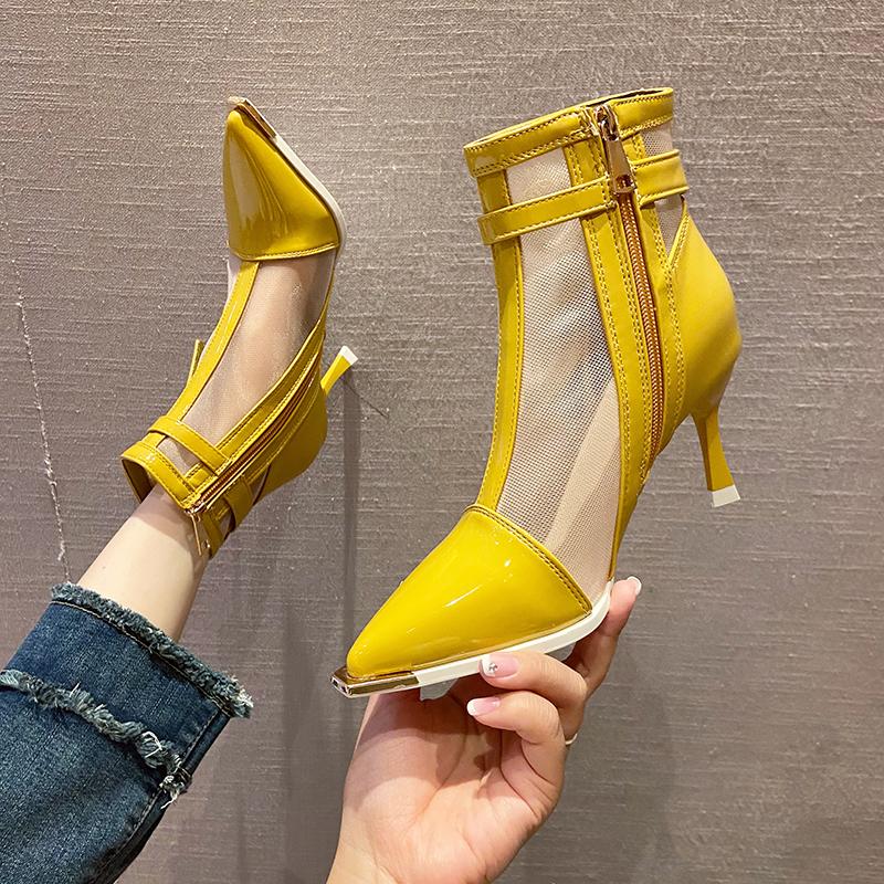 

мода 2024 Лето Новая мода дышащие сетчатые босоножки на высоком каблуке женские остроконечные сексуальные римские сандалии с боковой молнией Zapatos De Mujer 34 жёлтый