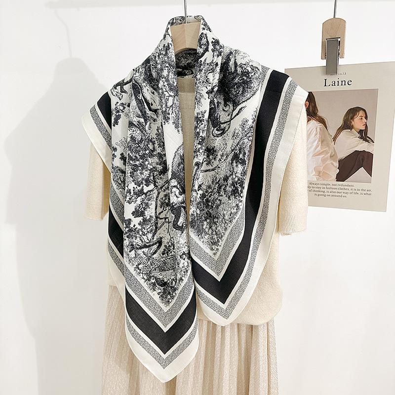 Korean Version of Retro Personality Grassland Lion Printed Scarf Fashionable and High-end Sense  Herringbone Professional Outfit Decorative Scarf