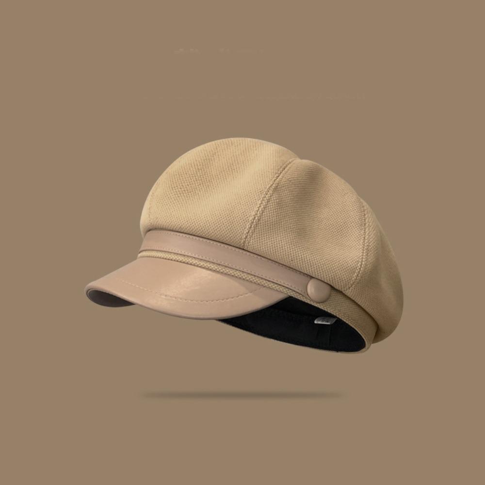 Korean Style Pu Leather Beret British Style Painter Hat Fashion Wool Octagonal Hat  Girl