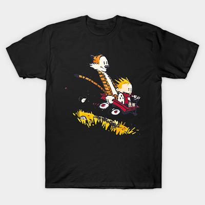 Asian Size Men Black Print T-shirt Calvin And Hobbes Speed No-Cut Heat Transfer Print Cotton Tshirt