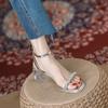 One-word Sandals Women's Summer 2025 New Crystal Thick Heel Medium Heel with Skirt Temperament Silver High Heels