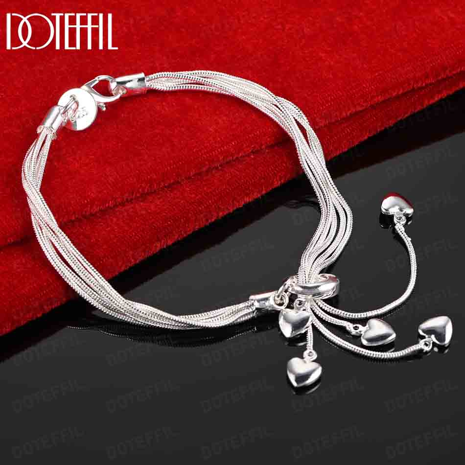 925 Sterling Silver Snake Chain Heart Bracelet Wedding Jewelry