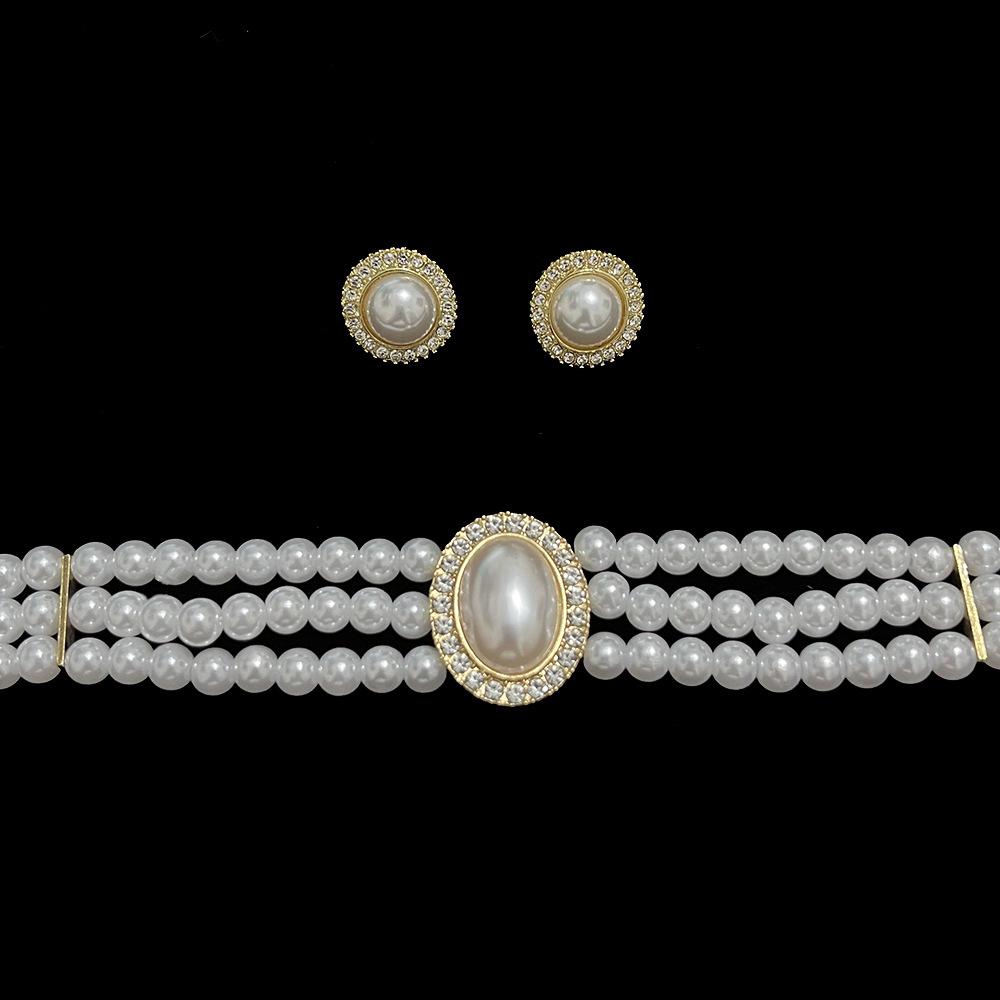 

Vintage Oval Pearl Necklace and Earrings Set for Women Bride Bridal French Style Light Simple Elegant Jewelry option 1 жемчужный