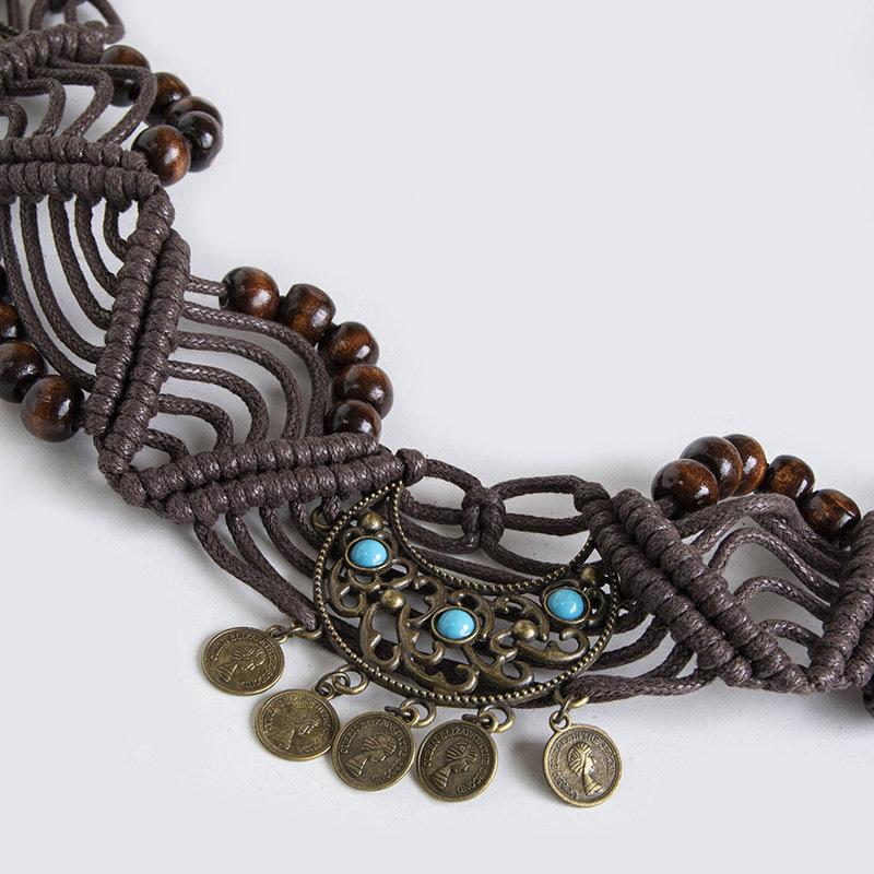Bohemian Belt Ethnic Style Belt Moon Knitted Knotted Inlaid Handmade Vacation Style Women's Waist Rope