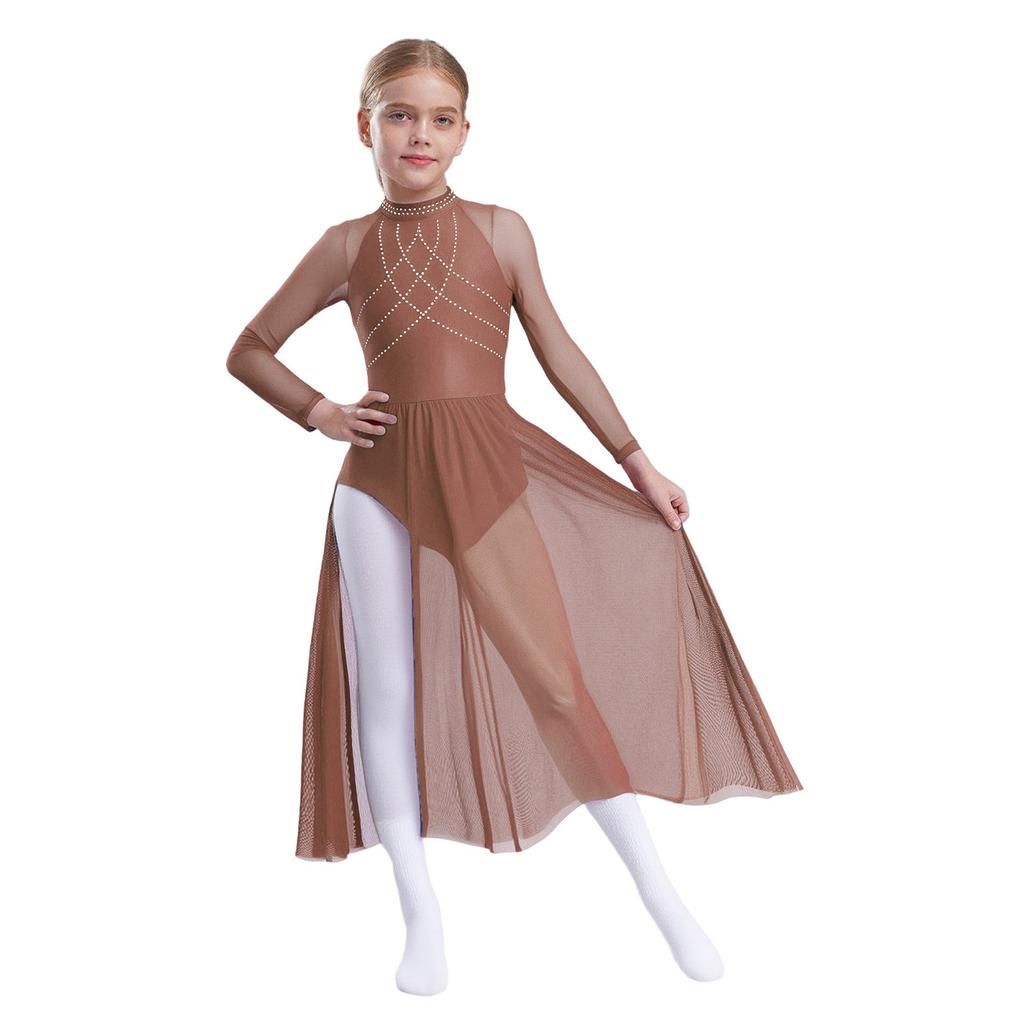 Girls Lyrical Dance Dress Shiny Rhinestones Sheer Mesh Patchwork Keyhole Back Long Sleeve Leotard