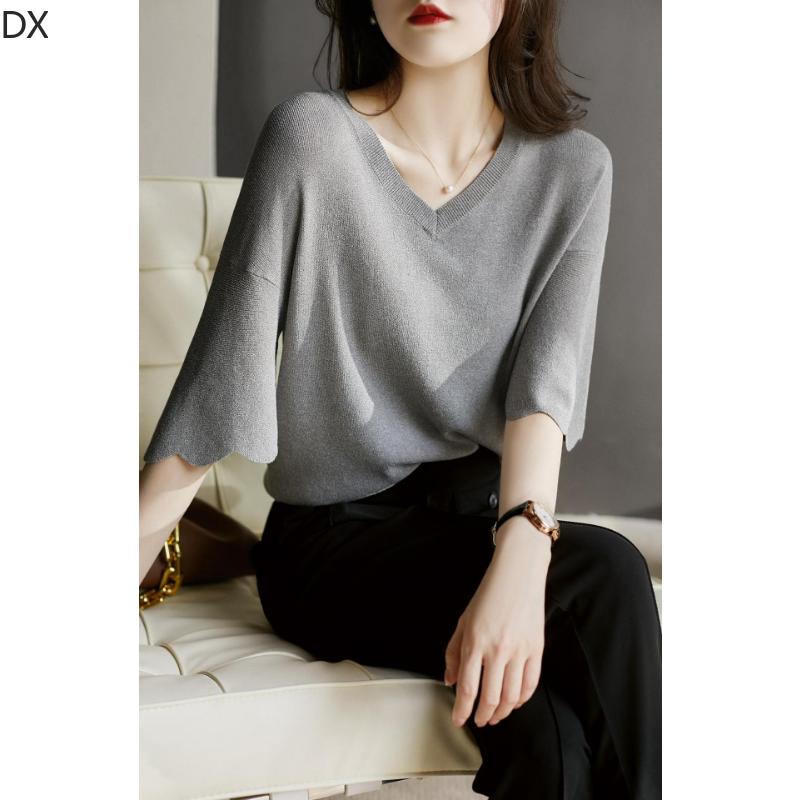 DX-Micro rozšířený okvětní lístek rukáv top s výstřihem do V dámské letní pletené tričko volný krátký rukáv ledový hedvábný svetr tenký dámská košile zahraničního stylu